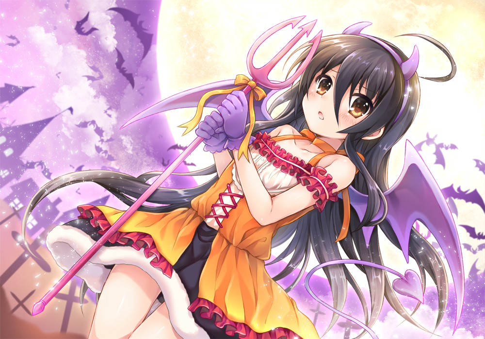 ahoge bangs bare_shoulders black_skirt blush bow brown_eyes brown_hair building cloud cloudy_sky commentary_request demon_girl demon_horns demon_tail demon_wings dutch_angle eyebrows_visible_through_hair fake_horns frilled_shirt frills full_moon fur-trimmed_skirt gloves hair_between_eyes hairband halloween halloween_costume holding horns latin_cross long_hair looking_at_viewer moon orange_bow outdoors parted_lips pink_sky polearm purple_gloves purple_hairband purple_wings shakugan_no_shana shana shirt skirt sky solo tachitsu_teto tail tail_raised trident very_long_hair weapon white_shirt wings