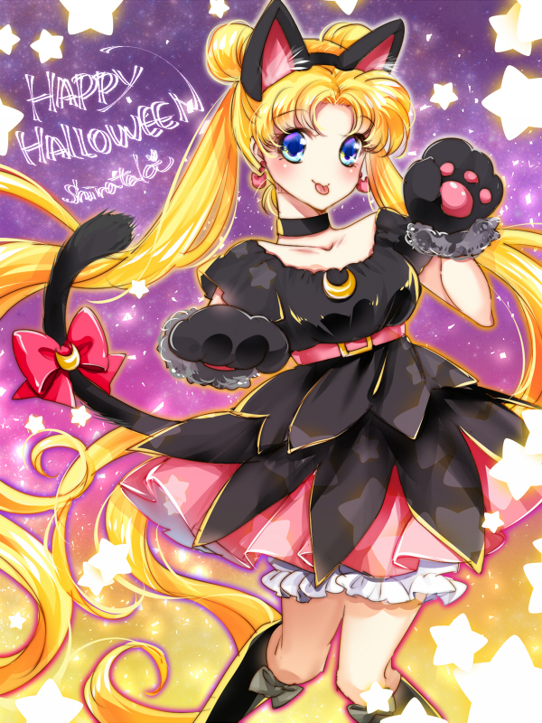 :p alternate_costume animal_ears artist_name bangs bishoujo_senshi_sailor_moon black_dress black_footwear black_neckwear blonde_hair blue_eyes boots bow cat_ears cat_tail choker crescent crescent_earrings cropped_legs double_bun dress earrings fake_animal_ears gloves gradient gradient_background halloween happy_halloween jewelry knee_boots layered_dress long_hair looking_at_viewer parted_bangs paw_gloves paws pink_skirt purple_background red_bow shirataki_kaiseki skirt smile solo star tail tail_bow tongue tongue_out tsukino_usagi twintails white_bloomers yellow_background