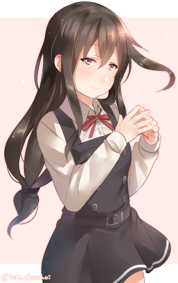 asashio_(kantai_collection) asashio_(kantai_collection)_(cosplay) bangs belt belt_buckle black_belt black_dress black_hair bloom blush breasts buckle closed_mouth collared_shirt commentary_request cosplay cowboy_shot double-breasted dress eyebrows_visible_through_hair hair_between_eyes hands_up hatsushimo_(kantai_collection) high_belt juurouta kantai_collection light_smile long_hair long_sleeves looking_at_viewer loose_belt low-tied_long_hair neck_ribbon no_legwear pinafore_dress pink_background raised_eyebrows red_eyes ribbon shiny shiny_hair shirt short_dress single_horizontal_stripe sketch_eyebrows solo standing steepled_fingers twitter_username white_shirt wing_collar