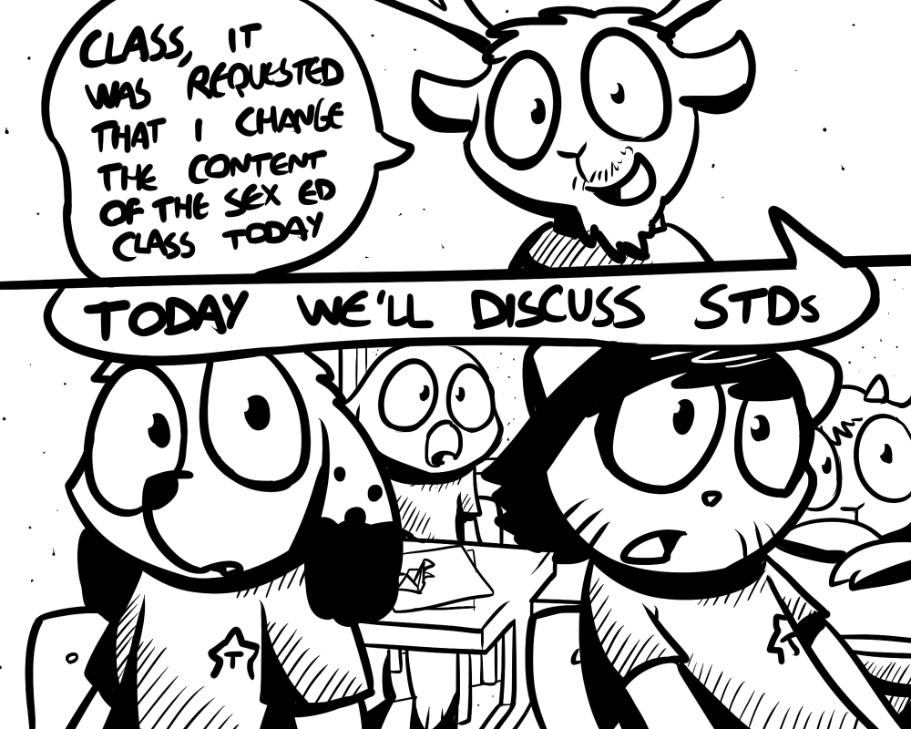 3_toes alvo_(target_miss) anthro avian barefoot beak big_eyes bird black_and_white black_ears black_fur black_hair black_nose canine cat cervine classroom clothing comic cub desk dialogue dog english_text facial_hair feline female flat_chested fur group hair horn male mammal mira_(target_miss) monochrome open_mouth paper pokehidden school sex_education shirt speech_bubble target_miss text toes tongue toony two_tone_ears whiskers young