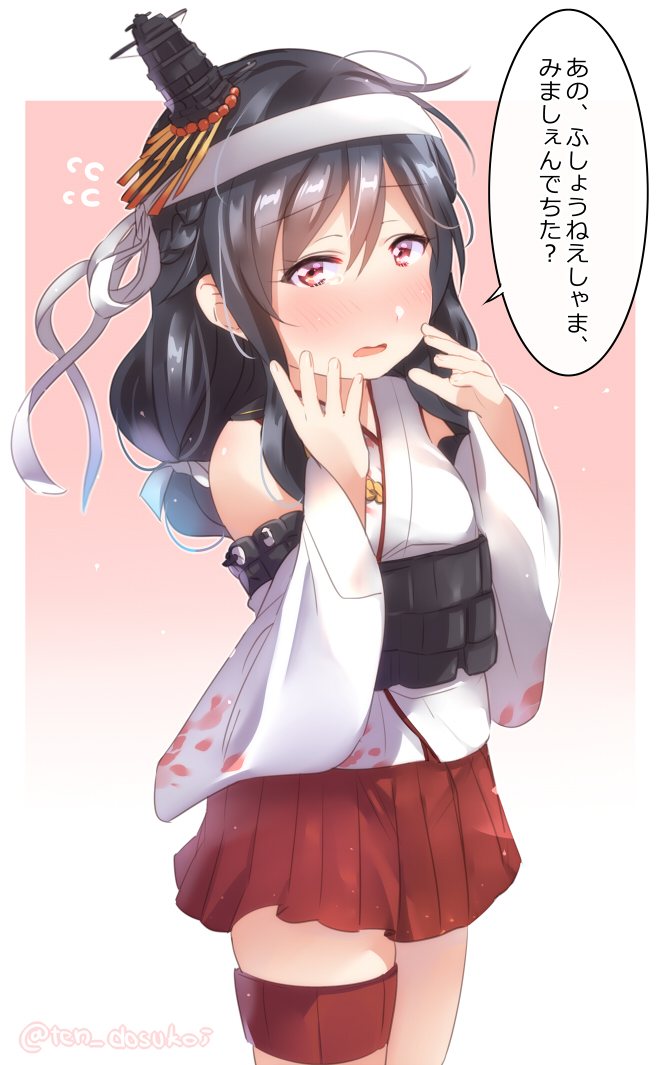 bangs bare_shoulders blush breasts commentary_request cosplay eyebrows_visible_through_hair flying_sweatdrops furrowed_eyebrows hair_between_eyes hand_to_own_mouth hands_up hatsushimo_(kantai_collection) headgear juurouta kantai_collection long_hair long_sleeves looking_at_viewer open_mouth pink_background red_eyes remodel_(kantai_collection) solo speech_bubble spread_fingers translation_request twitter_username wide_sleeves yamashiro_(kantai_collection) yamashiro_(kantai_collection)_(cosplay)