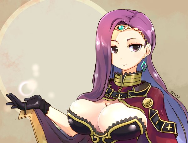 artist_name black_gloves breasts cleavage closed_mouth commentary_request earrings fire_emblem fire_emblem_echoes:_mou_hitori_no_eiyuuou gloves jewelry large_breasts long_hair purple_eyes purple_hair sksk7r smile solo sonia_(fire_emblem_gaiden) tiara