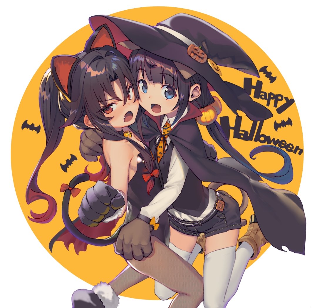 animal_ears bare_shoulders black_hair blue_eyes boots cape cat_ears cat_tail choker commentary_request fang gloves halloween halloween_costume hat hinatsuru_ai leotard long_hair long_sleeves looking_at_viewer low_twintails multiple_girls neck_bell open_mouth orange_neckwear pantyhose ponytail red_eyes ryuuou_no_oshigoto! shirabi shirt shorts sleeveless tail thighhighs twintails vest white_legwear white_shirt witch_hat yashajin_ai