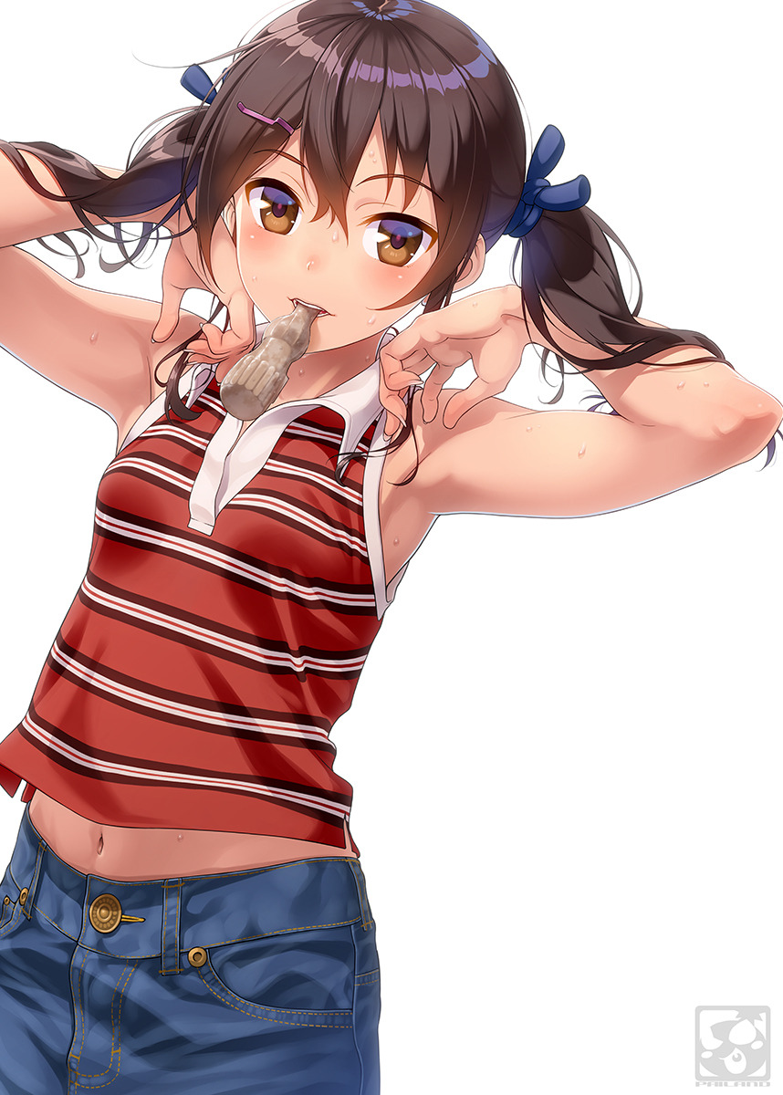 aoi_sora_(pairan) armpits arms_up bare_shoulders blush brown_eyes brown_hair hair_ornament hair_ribbon hairclip highres long_hair looking_at_viewer low_twintails midriff navel original pairan ribbon simple_background solo sweat twintails white_background