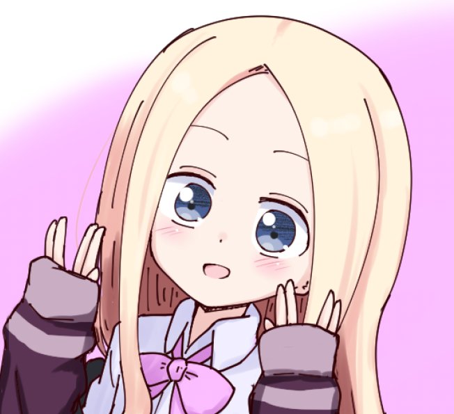 :d abigail_williams_(fate/grand_order) bangs blonde_hair blue_eyes blush bow collared_shirt cosplay fate/grand_order fate_(series) forehead gradient gradient_background hands_up jacket kujou_karasuma long_hair long_sleeves looking_at_viewer open_mouth parted_bangs pink_background pink_bow purple_jacket salute shinjou_akane shinjou_akane_(cosplay) shirt sleeves_past_wrists smile solo ssss.gridman vulcan_salute white_background white_shirt
