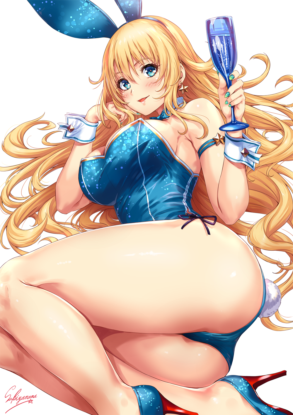 adapted_costume animal_ears artist_name ass atago_(kantai_collection) blonde_hair blue_eyes blue_footwear blue_leotard blush breasts bunny_tail bunnysuit cup detached_collar drinking_glass earrings fake_animal_ears fake_tail hand_on_own_cheek high_heels highres jewelry kantai_collection large_breasts leotard long_hair looking_at_viewer lying nail_art on_side pantyhose parted_lips sakiyamama sideboob signature simple_background smile solo sparkle star star_earrings tail thick_thighs thighs toast_(gesture) white_background wine_glass wrist_cuffs