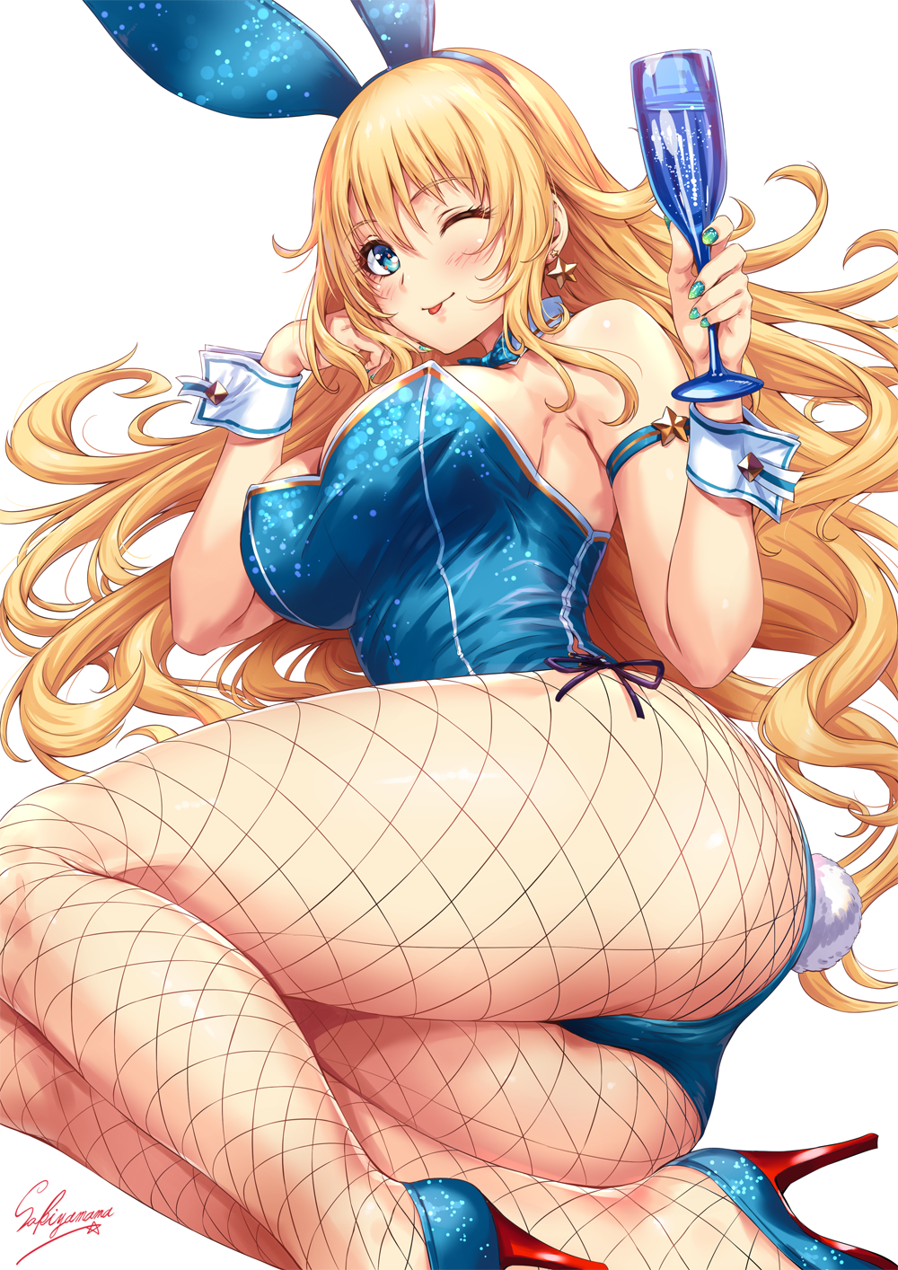 adapted_costume animal_ears artist_name ass atago_(kantai_collection) back-seamed_legwear blonde_hair blue_eyes blue_footwear blue_leotard blush breasts bunny_tail bunnysuit cup detached_collar drinking_glass earrings fake_animal_ears fake_tail fishnet_pantyhose fishnets hand_on_own_cheek high_heels highres jewelry kantai_collection large_breasts leotard long_hair looking_at_viewer lying nail_art on_side one_eye_closed pantyhose parted_lips sakiyamama seamed_legwear sideboob signature simple_background smile solo sparkle star star_earrings tail thick_thighs thighs toast_(gesture) white_background wine_glass wrist_cuffs