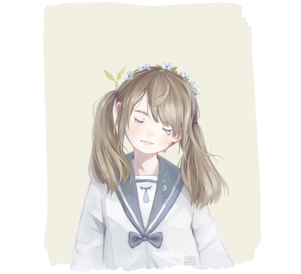 brown_hair closed_eyes closed_mouth commentary_request crying fairyapple flower long_sleeves medium_hair original russian_commentary school_uniform serafuku shirt simple_background solo tears twintails upper_body white_shirt