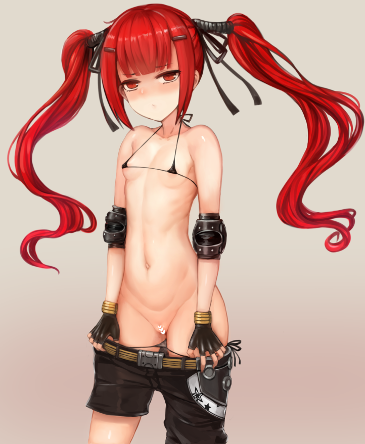 asymmetrical_clothes asymmetrical_pants bangs bare_shoulders belt belt_buckle bikini bikini_pull black_bikini black_gloves black_pants blunt_bangs blush breasts brown_background brown_belt buckle censored closed_mouth collarbone commentary_request cowboy_shot cz-75_(girls_frontline) eyebrows_visible_through_hair fingerless_gloves girls_frontline gloves gradient gradient_background groin head_tilt heart heart_censor long_hair looking_at_viewer micro_bikini navel nose_blush pants pants_pull pulled_by_self pussy red_eyes red_hair saruton side-tie_bikini sidelocks single_pantsleg small_breasts solo swimsuit twintails very_long_hair