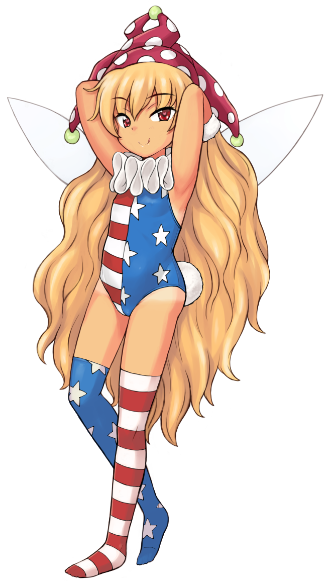 :p american_flag american_flag_legwear american_flag_print armpits arms_behind_head arms_up artist_request blonde_hair bunny_tail clownpiece fairy_wings flag_print full_body hat jester_cap leotard long_hair neck_ruff no_shoes smile solo tail tan tanline thighhighs third-party_edit tongue tongue_out touhou transparent_background very_long_hair wings