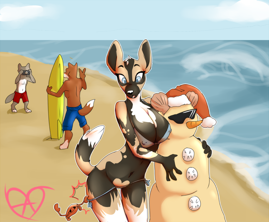 2017 4_fingers african_wild_dog anthro arthropod assisted_exposure beach bikini biped black_fur black_nose black_tail blue_eyes breasts brown_fur brown_tail camera canine cleavage clothed clothing crab crustacean dipstick_tail eyewear female fox fur grey_fur group holding_object male mammal marine markings multicolored_fur multicolored_tail nipple_bulge raj-y sand seaside short_tail skimpy sky snowman socks_(marking) solo_focus splotches_(marking) sunglasses surfboard swim_shorts swimsuit taking_picture two_tone_fur v_sign water white_fur white_tail wolf