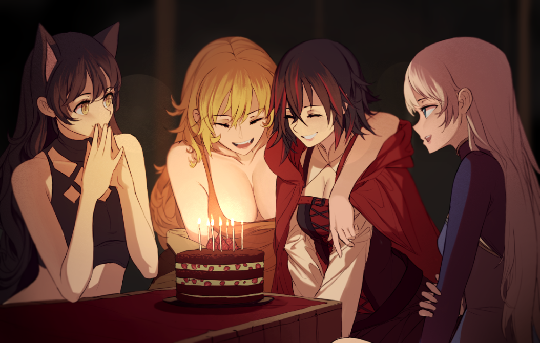 arm_around_neck bangs bare_arms bare_shoulders birthday_cake black_dress black_hair blake_belladonna blonde_hair blue_dress blue_eyes blurry blurry_background breasts cake candle cape closed_eyes closed_mouth collarbone commentary criss-cross_halter crop_top dishwasher1910 dress eyebrows_visible_through_hair food grey_hair hair_between_eyes halterneck hand_on_own_arm large_breasts lipstick long_hair long_sleeves makeup medium_breasts multicolored_hair multiple_girls off_shoulder open_mouth own_hands_together pink_lips profile red_cape red_hair ruby_rose rwby short_hair sitting sleeveless smile streaked_hair tank_top teeth upper_teeth weiss_schnee yang_xiao_long yellow_eyes