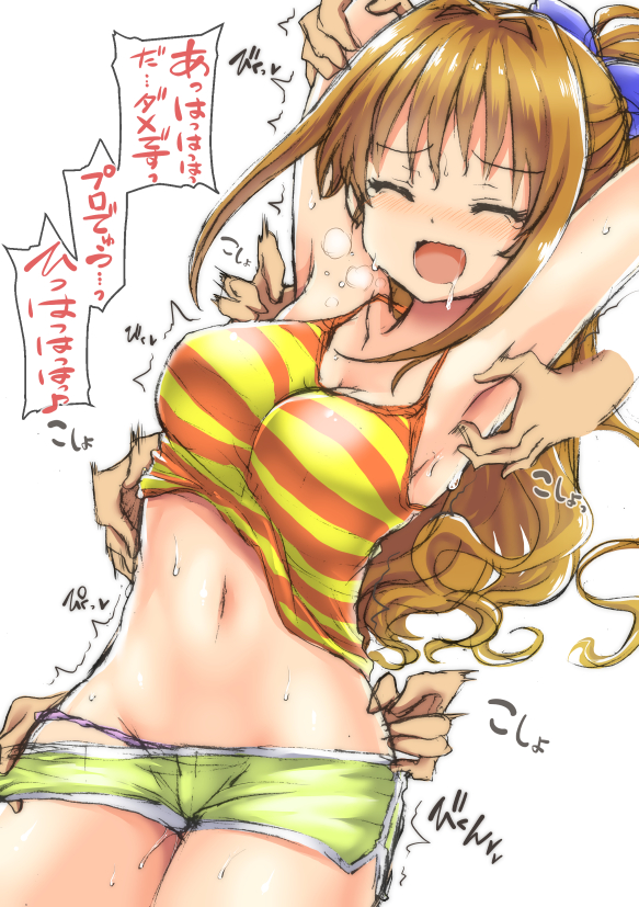 1girl armpits arms_up bangs blush breasts breath cowboy_shot disembodied_limb drooling dutch_angle eyebrows_visible_through_hair eyes_closed female green_shorts heart hino_akane_(idolmaster) idolmaster idolmaster_cinderella_girls japanese_text koppamu laughing long_hair medium_breasts musical_note navel nose_blush open_mouth orange_hair panties purple_panties pussy_juice restrained saliva shiny shiny_hair shiny_skin shirt shirt_lift short_shorts shorts simple_background sleeveless sleeveless_shirt smile solo spaghetti_strap speech_bubble spoken_musical_note standing stomach striped striped_shirt sweat talking text_focus tickling translation_request trembling underwear white_background