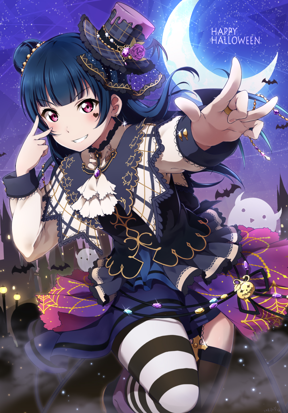 asymmetrical_legwear bat black_hair blush crescent_moon frills halloween hat highres long_hair looking_at_viewer love_live! love_live!_sunshine!! mini_hat moon purple_eyes shiimai smile solo striped striped_legwear thighhighs tsushima_yoshiko