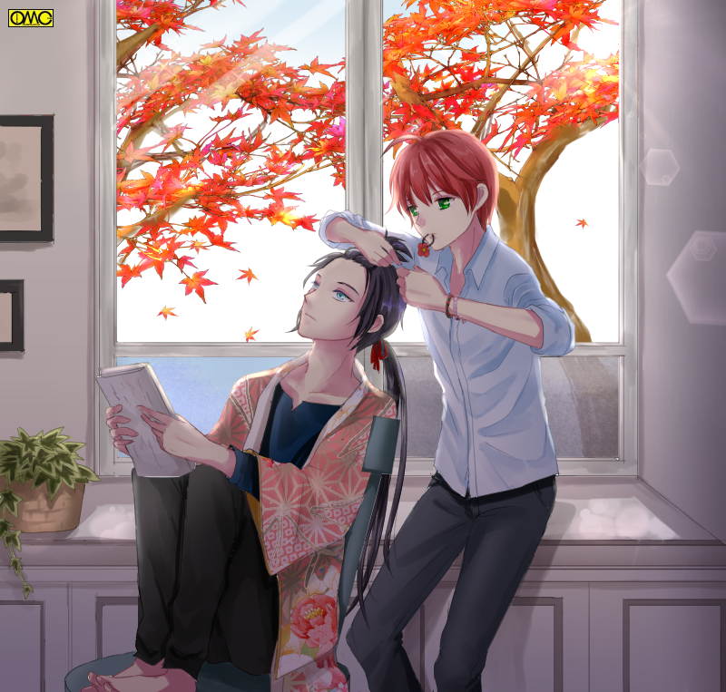 ahoge autumn_leaves barefoot black_hair black_pants blue_eyes chair day floral_print green_eyes hairdressing indoors kusunokinawate leaf lens_flare long_hair male_focus maple_leaf mouth_hold multiple_boys omc pants plant ponytail potted_plant red_hair shirt sitting very_long_hair white_shirt window wristband