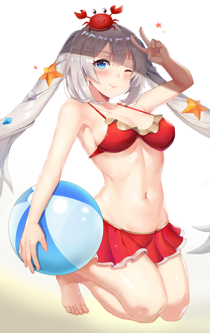 arm_up ball bangs bare_arms bare_legs bare_shoulders barefoot beachball bikini bikini_skirt blue_eyes blush breasts chinese_commentary cleavage closed_mouth collarbone commentary_request crab crab_on_head fate/grand_order fate_(series) fingernails full_body grey_hair groin hair_between_eyes hair_ornament highres l.bou long_hair looking_at_viewer marie_antoinette_(fate/grand_order) marie_antoinette_(swimsuit_caster)_(fate) medium_breasts miniskirt navel one_eye_closed red_bikini red_skirt revision shade shell_hair_ornament shiny shiny_hair shiny_skin sidelocks skirt smile solo star star_hair_ornament starfish swimsuit traditional_media twintails v very_long_hair watercolor_(medium) white_background