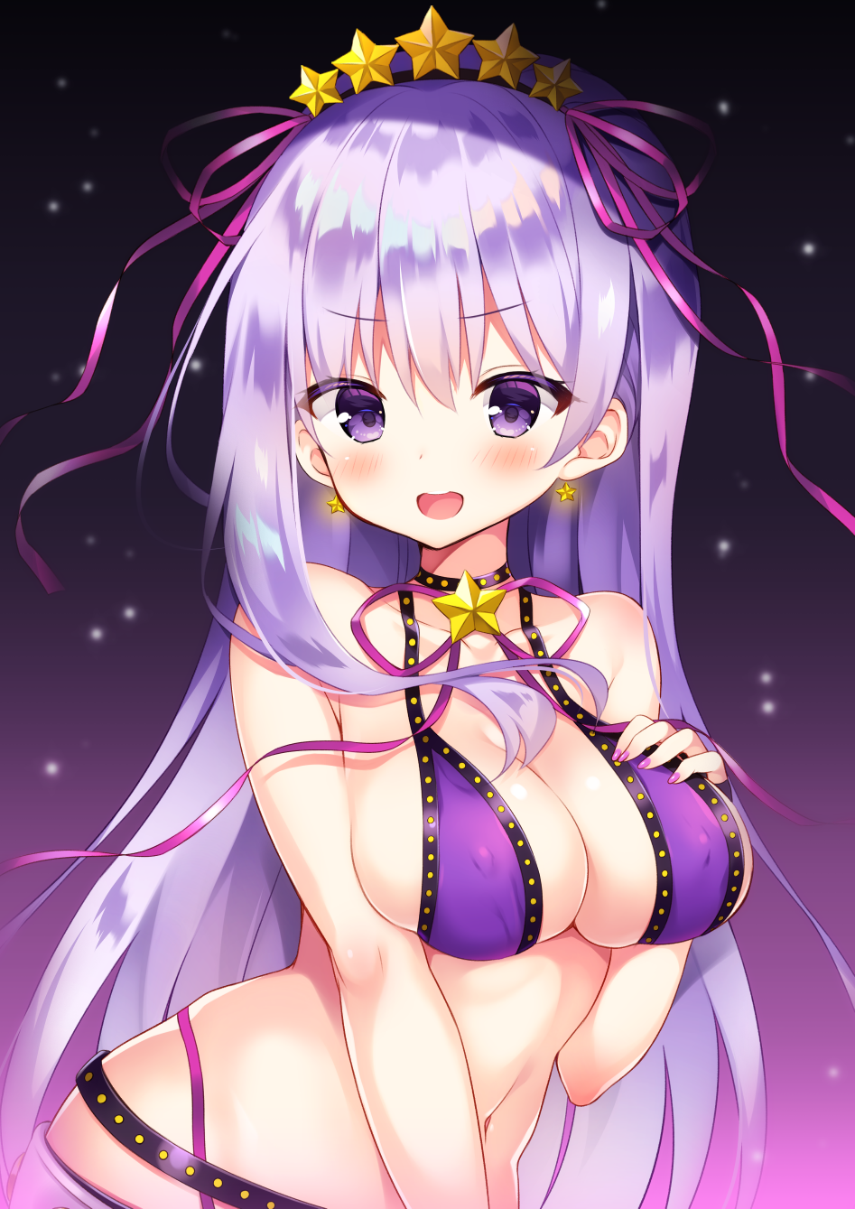 :d bangs bare_arms bare_shoulders bb_(fate)_(all) bb_(swimsuit_mooncancer)_(fate) black_choker black_hairband blush breasts choker cleavage collarbone covered_nipples earrings eyebrows_visible_through_hair fate/grand_order fate_(series) fingernails hair_between_eyes hair_ribbon hairband hand_on_own_chest hand_up highres jewelry large_breasts long_hair nail_polish navel open_mouth pink_nails purple_eyes purple_hair purple_ribbon revision ribbon smile solo star star_earrings tougetsu_hajime very_long_hair
