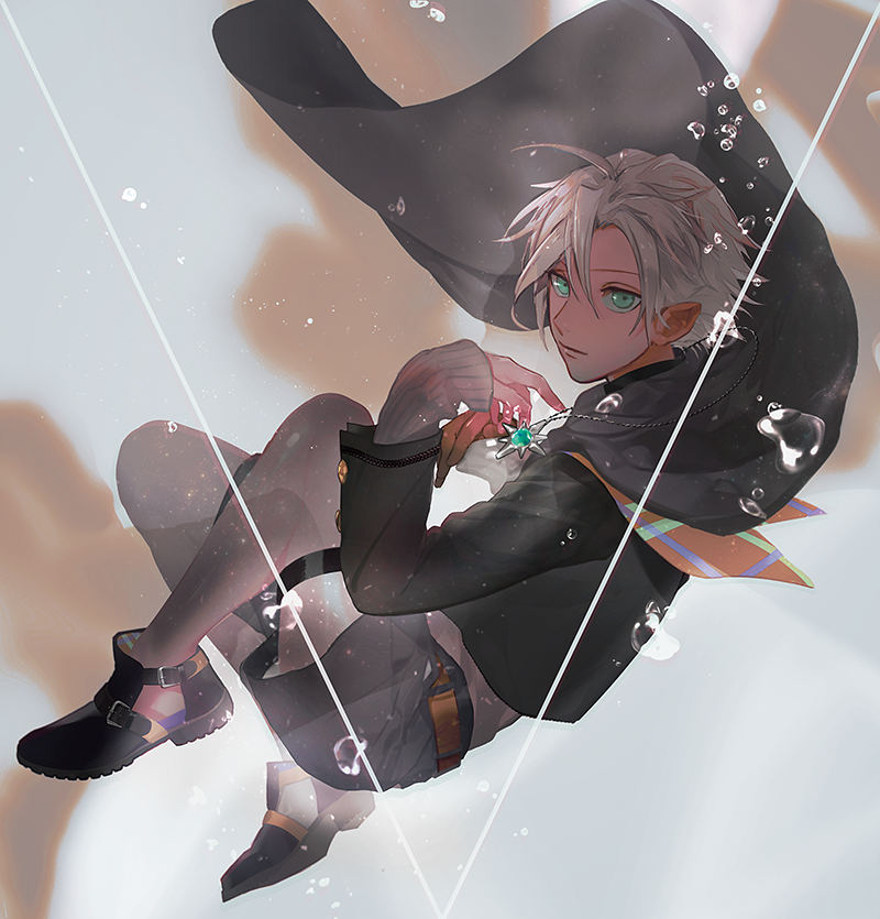 :| ahoge air_bubble black_cape black_footwear black_shorts blue_eyes bubble cape closed_mouth full_body grey_legwear jewelry long_sleeves looking_at_viewer meijuvo necklace original shorts underwater white_hair