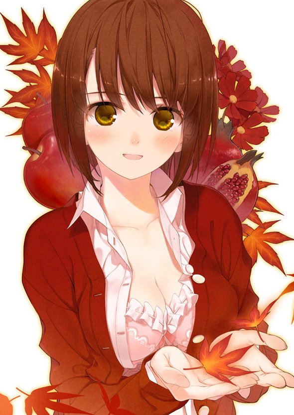 :d amamiya_chiharu apple autumn_leaves blush bra breasts brown_eyes brown_hair cleavage collarbone collared_shirt cosmos_(flower) cupping_hands dress_shirt flower food frilled_bra frills fruit holding holding_leaf leaf long_sleeves looking_at_viewer maple_leaf medium_breasts open_clothes open_mouth open_shirt original pomegranate shirt short_hair smile solo sweater underwear upper_body white_bra white_shirt wing_collar