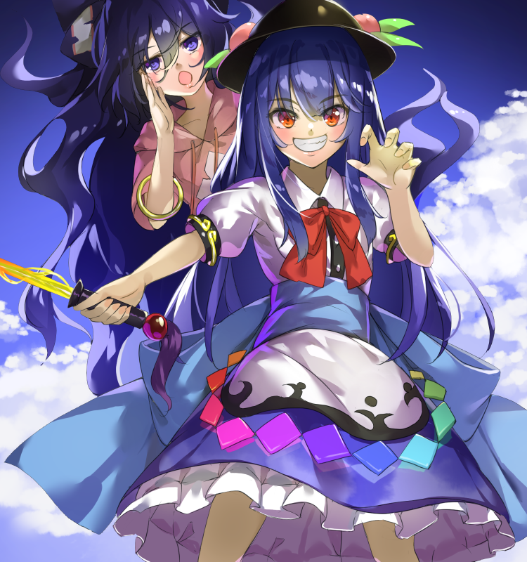 arm_up bangle behind_another blue_eyes blue_hair blue_sky bow bracelet claw_pose cloud commentary_request cowboy_shot day drawstring dress eyebrows_visible_through_hair eyes_visible_through_hair food fruit grin hair_bow hand_on_own_cheek hat hinanawi_tenshi hood hood_down jewelry layered_dress leaf long_hair looking_at_viewer multiple_girls open_mouth outdoors outstretched_arm peach petticoat pink_hoodie piyodesu puffy_short_sleeves puffy_sleeves red_eyes red_neckwear ribbon short_sleeves sky smile standing sword_of_hisou touhou very_long_hair wing_collar yorigami_shion