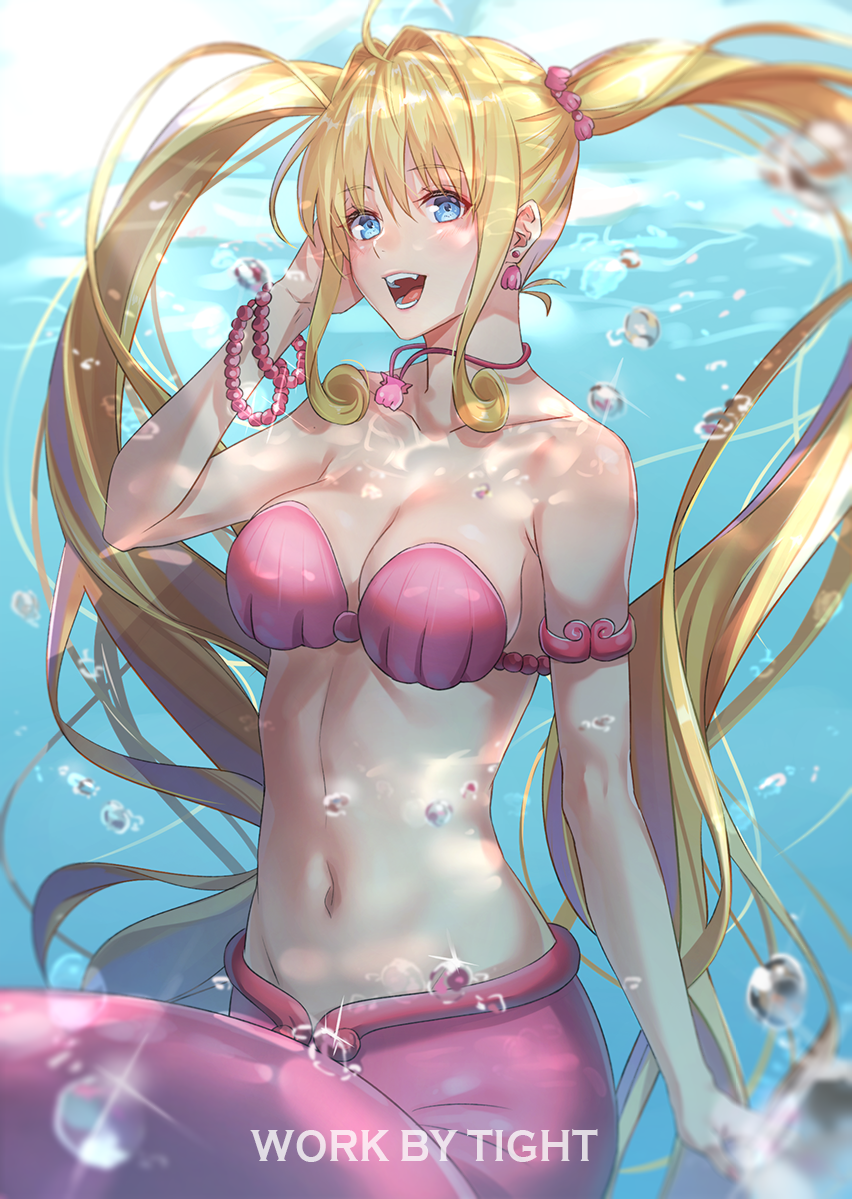 air_bubble armlet blonde_hair blue_eyes bracelet breasts bubble cleavage earrings eyebrows_visible_through_hair jewelry large_breasts long_hair looking_at_viewer mermaid mermaid_melody_pichi_pichi_pitch monster_girl nanami_lucia necklace open_mouth shell shell_bikini solo strapless strapless_bikini tight_(ohmygod) twintails underwater watermark