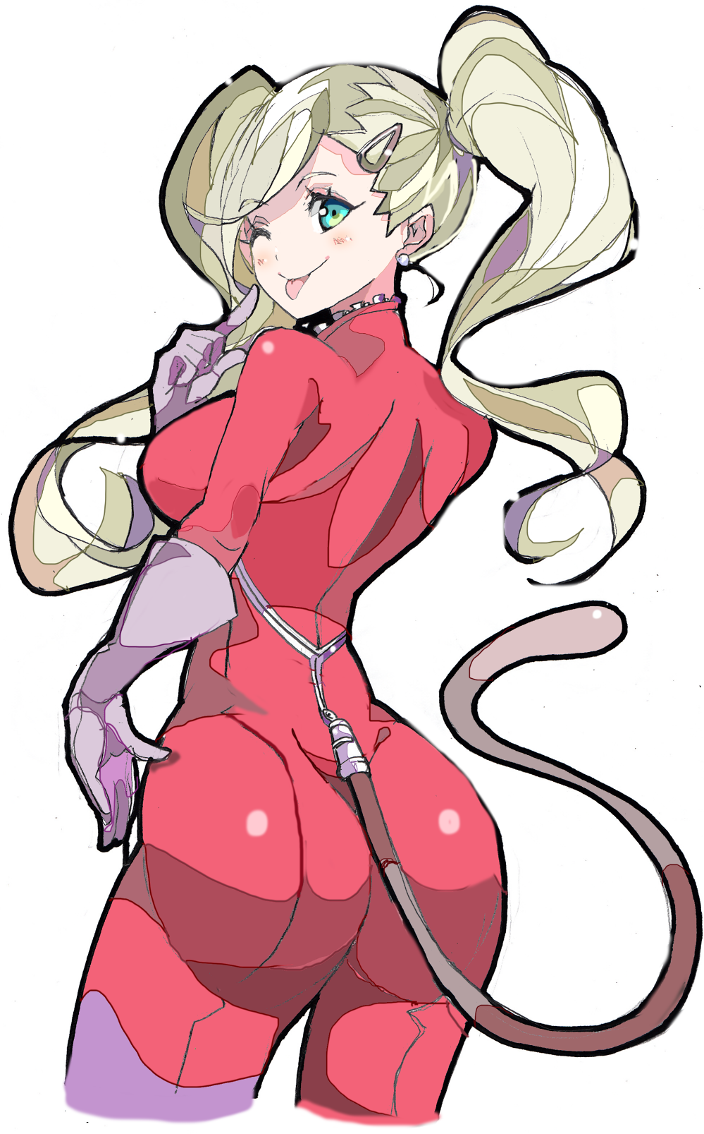 ;) ass blonde_hair blue_eyes bodysuit breasts cat_tail closed_mouth earrings enpe eyebrows_visible_through_hair gloves hair_ornament hairclip highres jewelry long_hair looking_at_viewer medium_breasts one_eye_closed persona persona_5 purple_gloves red_bodysuit simple_background smile solo tail takamaki_anne tongue tongue_out twintails white_background