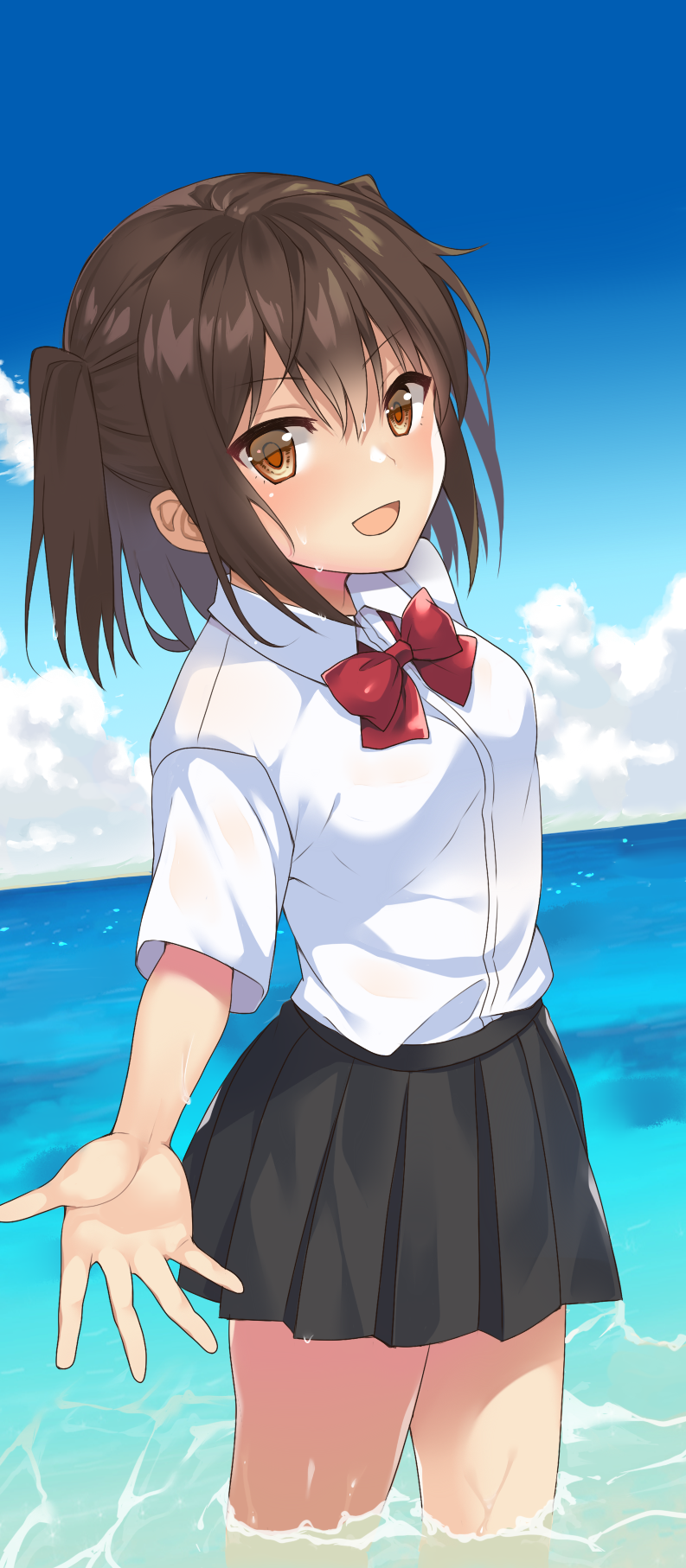 :d bangs black_skirt blue_sky blush bow bowtie breasts brown_eyes brown_hair cloud collared_shirt day eyebrows_visible_through_hair hair_between_eyes highres kantai_collection looking_at_viewer medium_hair miniskirt ocean open_mouth outdoors outstretched_hand pleated_skirt red_neckwear red_ribbon ribbon sendai_(kantai_collection) shirt short_sleeves skirt sky small_breasts smile solo two_side_up wading water wet white_shirt wing_collar yuzuttan