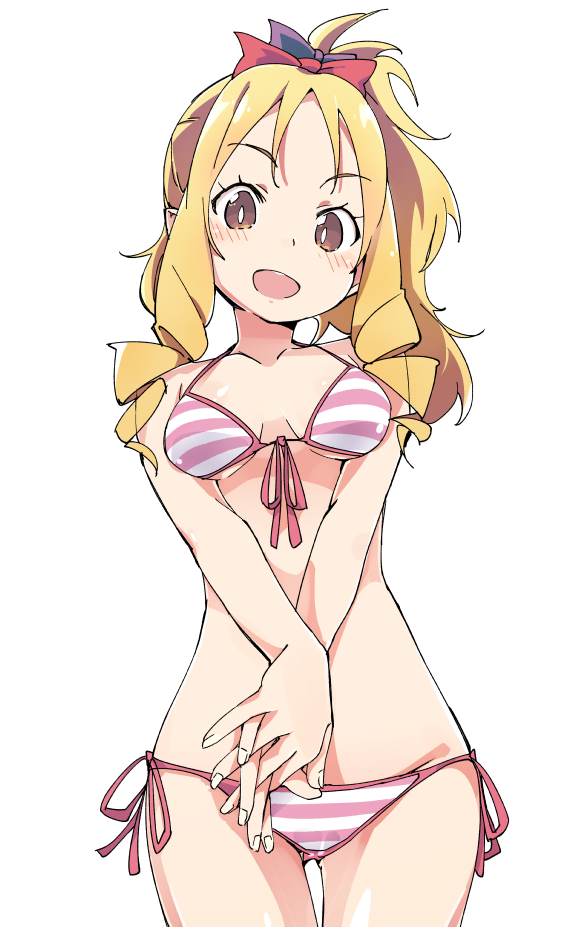 ass_visible_through_thighs bikini blonde_hair bow breasts brown_eyes cowboy_shot drill_hair eromanga_sensei front-tie_top hands_clasped ixy looking_at_viewer open_mouth own_hands_together pink_bikini pink_bow ponytail ringlets side-tie_bikini simple_background small_breasts smile solo standing striped striped_bikini swimsuit thigh_gap twin_drills white_background yamada_elf