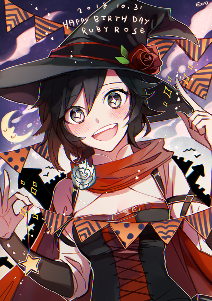 alternate_costume birthday black_hair breasts cleavage commentary corset crescent_moon dated ecru english flower halloween happy hat hat_flower hat_ribbon moon ribbon rose ruby_rose rwby silver_eyes solo star star-shaped_pupils symbol-shaped_pupils witch_hat