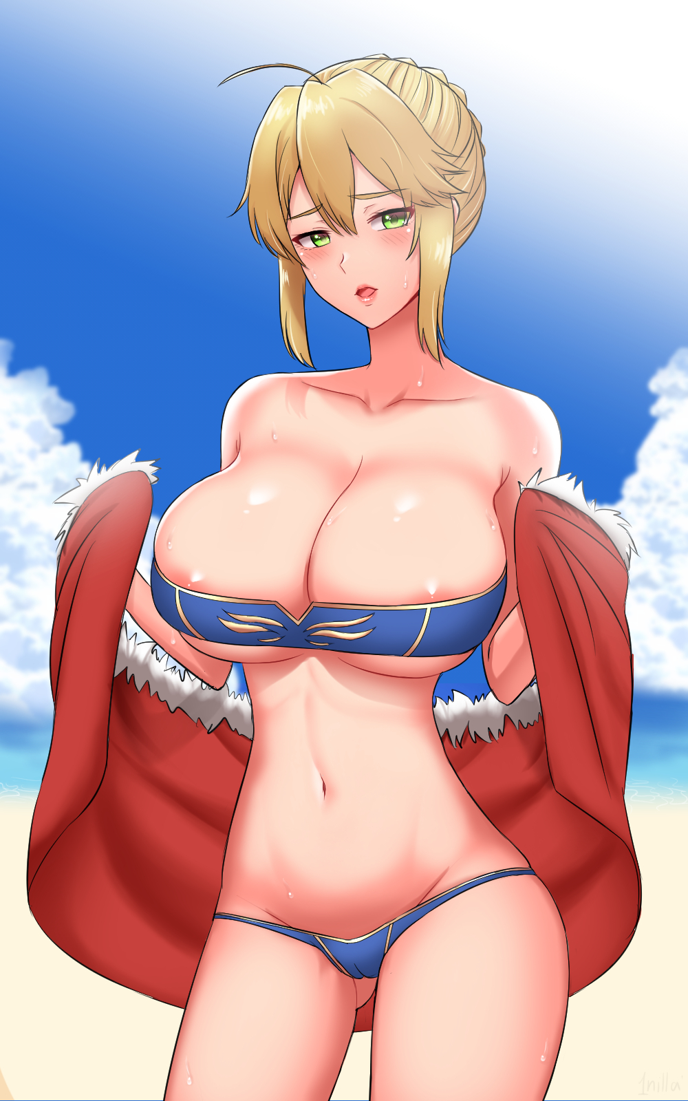 1nilla' areolae artoria_pendragon_(all) artoria_pendragon_(lancer) ass_visible_through_thighs bandeau beach bikini blonde_hair blue_bikini blush braid breasts cameltoe cape collarbone day fate/grand_order fate_(series) green_eyes highres huge_breasts lips looking_at_viewer navel open_mouth outdoors pink_lips red_cape sidelocks solo sweat swimsuit