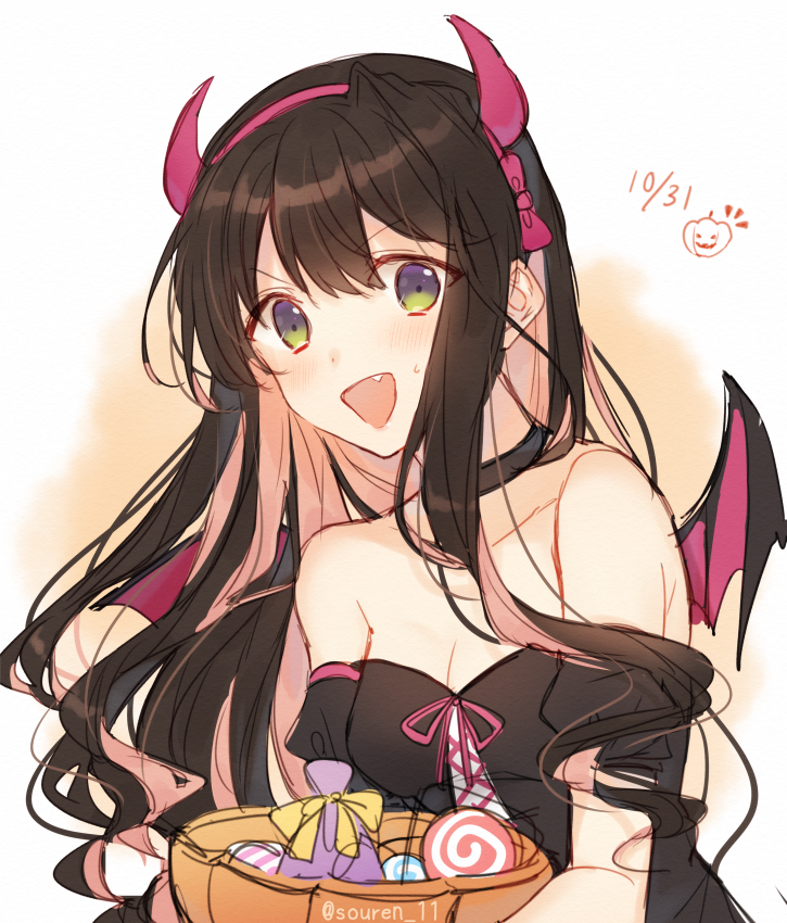 bare_shoulders bat_wings black_hair breasts candy choker cleavage commentary dated ears fake_horns fang food green_eyes hairband halloween halloween_costume hiiragi_souren jack-o'-lantern kantai_collection leotard long_hair looking_at_viewer messy_hair multicolored multicolored_eyes multicolored_hair naganami_(kantai_collection) open_mouth pink_hair pink_hairband pink_ribbon purple_eyes ribbon simple_background solo sweatdrop twitter_username wings