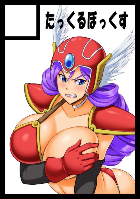 1girl angry bikini blue_eyes breasts clenched_teeth covering covering_breasts dragon_quest dragon_quest_iii gloves helmet huge_breasts kawanuma_uotsuri long_hair looking_at_viewer pauldrons purple_hair red_bikini red_gloves simple_background soldier_(dq3) solo swimsuit teeth translation_request white_background winged_helmet