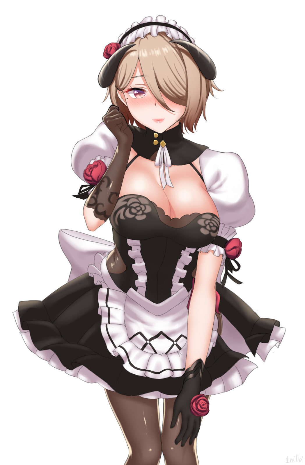 1nilla' apron benghuai_xueyuan black_dress black_gloves black_legwear blush breasts brown_eyes brown_hair cleavage dress flower frills gloves hair_flower hair_ornament hair_over_one_eye halter_dress hand_on_own_knee highres hip_vent honkai_impact horns large_breasts lips looking_at_viewer maid maid_headdress mole mole_under_eye nose_blush pantyhose pink_lips puffy_short_sleeves puffy_sleeves red_flower red_rose ribbon rita_rossweisse rose short_sleeves simple_background solo waist_apron white_background white_ribbon