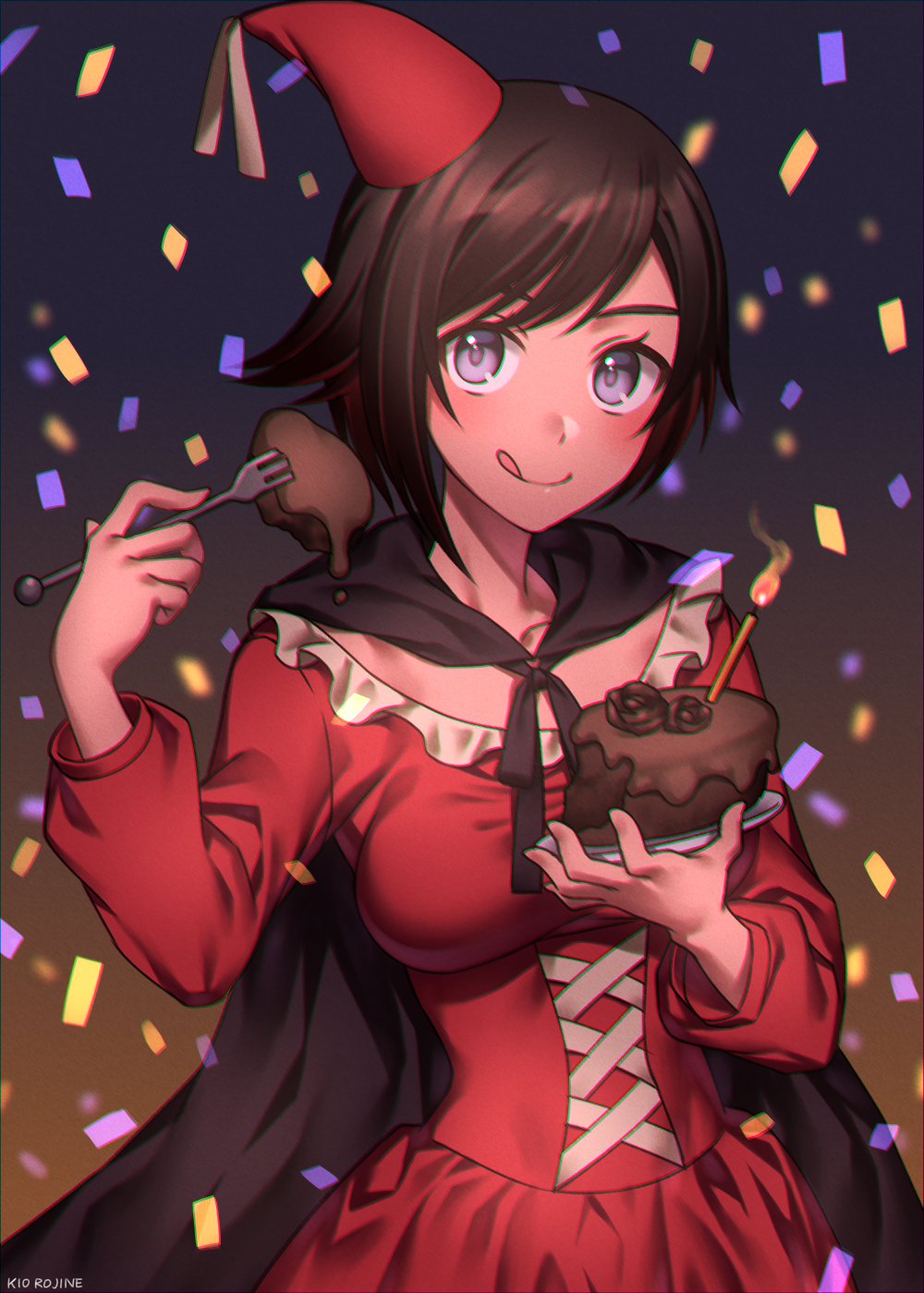 birthday birthday_cake blouse breasts brown_hair cake candle cape chocolate_cake commentary_request corset food fork glitter happy_birthday hat highres kio_rojine licking_lips party_hat ruby_rose rwby silver_eyes solo tongue tongue_out