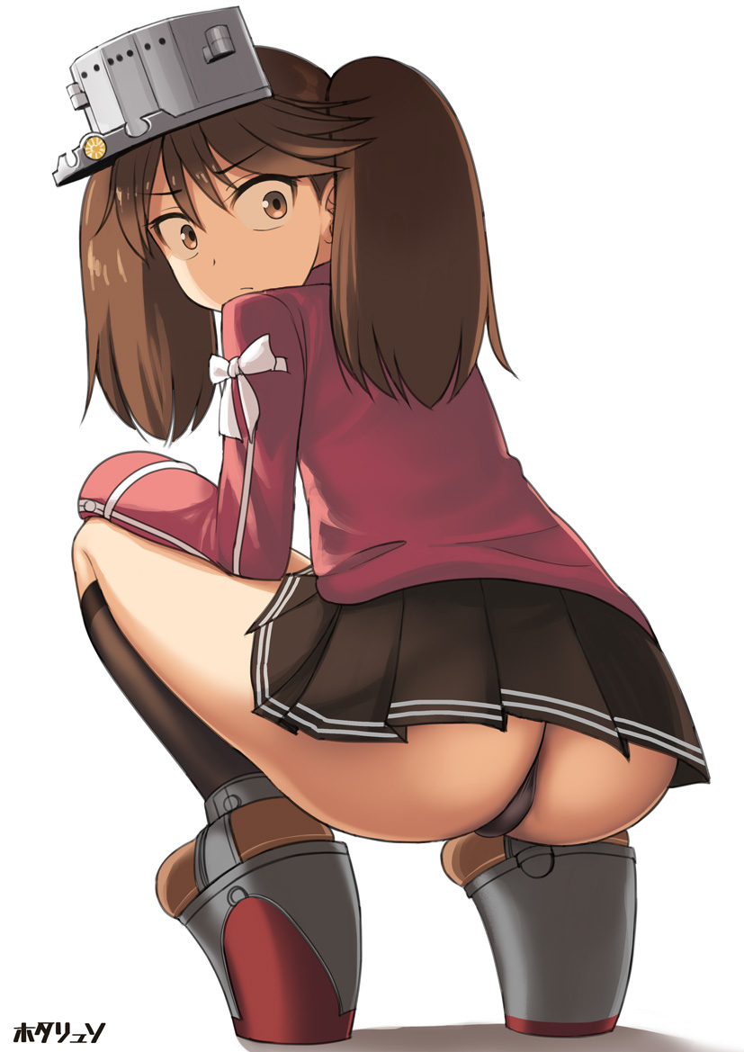 ass bangs black_legwear black_panties black_skirt brown_eyes brown_hair closed_mouth commentary_request eyebrows_visible_through_hair from_behind full_body hand_on_own_knee hotaryuso japanese_clothes kantai_collection kariginu kneehighs long_hair long_sleeves looking_at_viewer looking_back miniskirt panties pantyshot pantyshot_(squatting) platform_footwear pleated_skirt ribbon ryuujou_(kantai_collection) simple_background skirt solo squatting twintails underwear upskirt very_long_hair visor_cap white_background white_ribbon wide-eyed