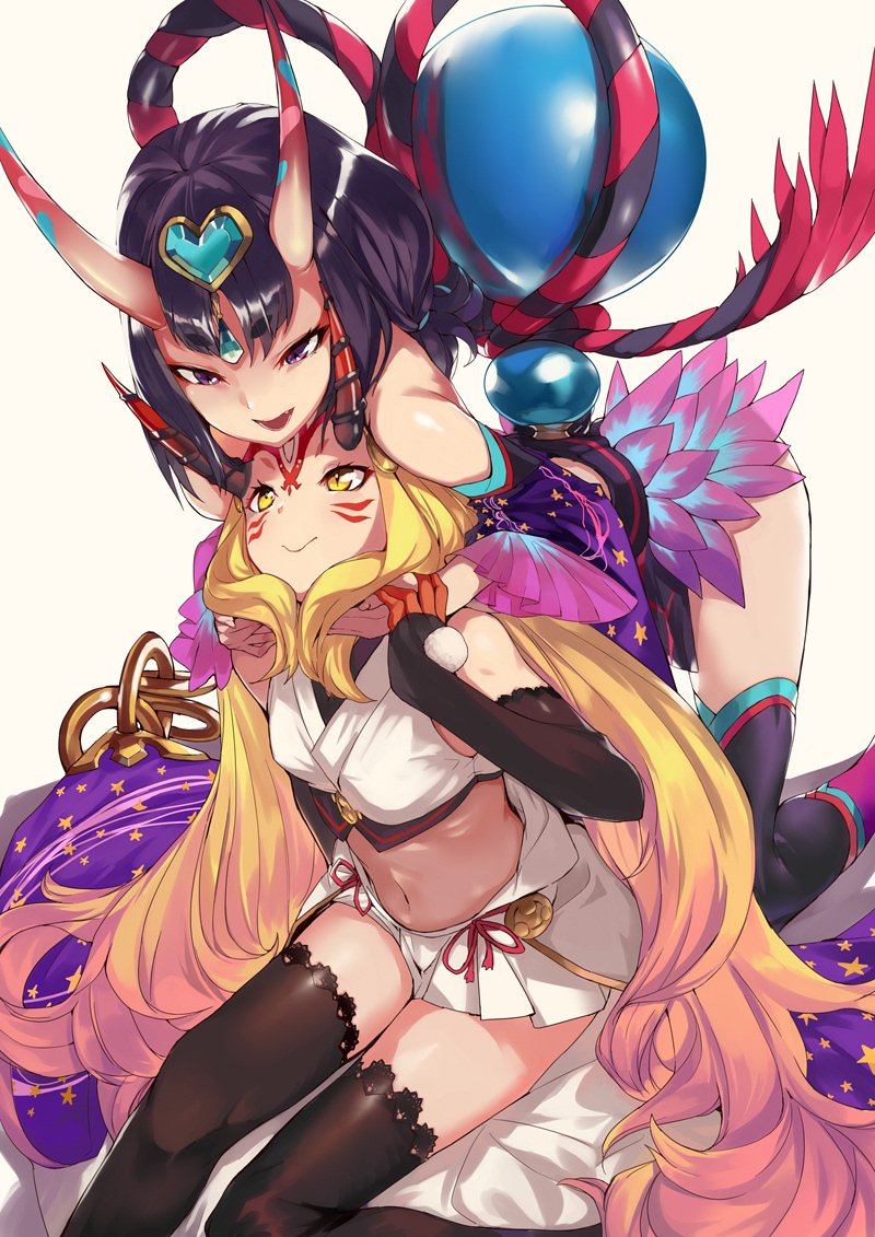 bangs bare_shoulders black_gloves black_legwear blonde_hair blush breasts closed_mouth commentary_request crop_top detached_sleeves dudou eyeliner facial_mark fate/grand_order fate_(series) forehead_jewel forehead_mark fundoshi gloves gourd headpiece heart horns ibaraki_douji_(fate/grand_order) ibaraki_douji_(swimsuit_lancer)_(fate) japanese_clothes long_hair low_twintails makeup multiple_girls navel ohland oni oni_horns pointy_ears purple_eyes purple_hair rope sash short_eyebrows short_hair short_twintails shuten_douji_(fate/grand_order) shuten_douji_(halloween)_(fate) simple_background skirt small_breasts smile star star_print swimsuit tattoo thighhighs thighs twintails very_long_hair white_background white_skirt yellow_eyes