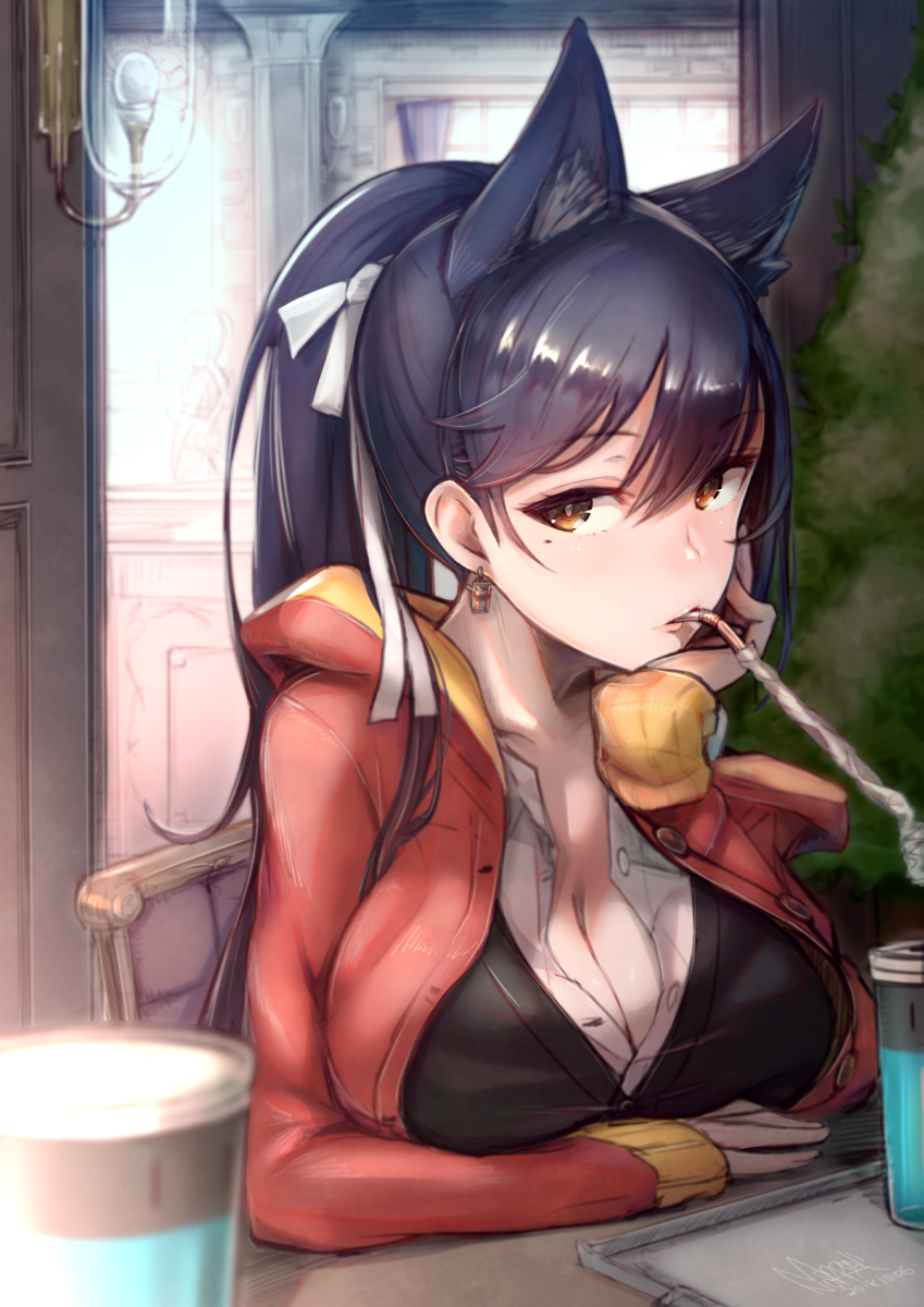 alternate_costume animal_ears atago_(azur_lane) azur_lane bangs black_hair black_vest blush breast_rest breasts brown_eyes casual chair cleavage collarbone cup day drinking drinking_straw earrings elbow_rest extra_ears eyebrows_visible_through_hair hair_ribbon head_on_hand highres hood hoodie indoors jewelry large_breasts long_hair looking_at_viewer mappaninatta mole mole_under_eye open_clothes open_hoodie partially_unbuttoned revision ribbon shirt signature sitting solo swept_bangs tray tsurime vest white_ribbon white_shirt window