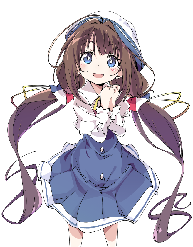 blue_eyes brown_hair eyebrows_visible_through_hair hair_ribbon hat hinatsuru_ai ixy long_hair looking_at_viewer low_twintails open_mouth ribbon ryuuou_no_oshigoto! school_uniform simple_background smile solo standing twintails white_background white_hat yellow_ribbon
