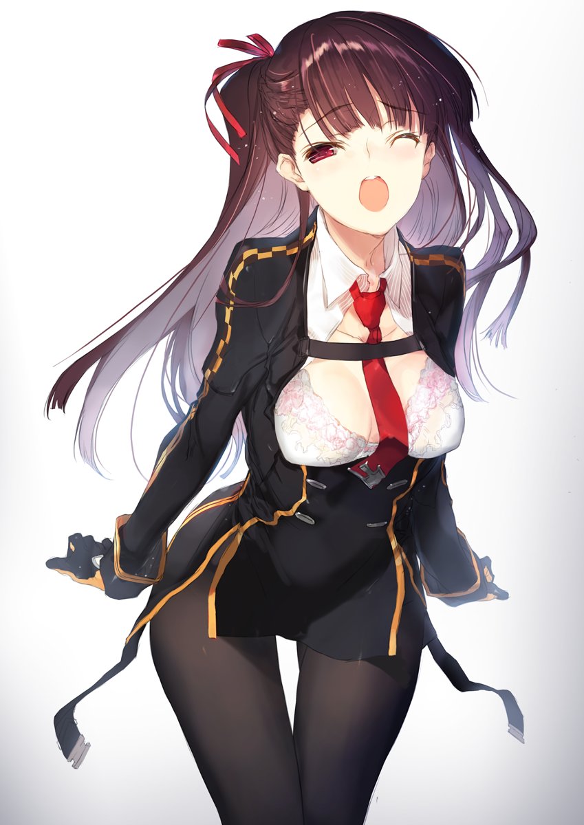 bangs black_legwear black_skirt blazer blush bra breasts commentary_request eyebrows_visible_through_hair girls_frontline gloves gradient gradient_background hair_ribbon half-closed_eye half_updo high-waist_skirt highres jacket large_breasts lingerie long_hair looking_at_viewer nakamura_takeshi necktie one_eye_closed one_side_up open_mouth pantyhose pelvic_curtain purple_hair red_eyes red_neckwear ribbon shirt simple_background skirt solo underwear very_long_hair wa2000_(girls_frontline) white_bra