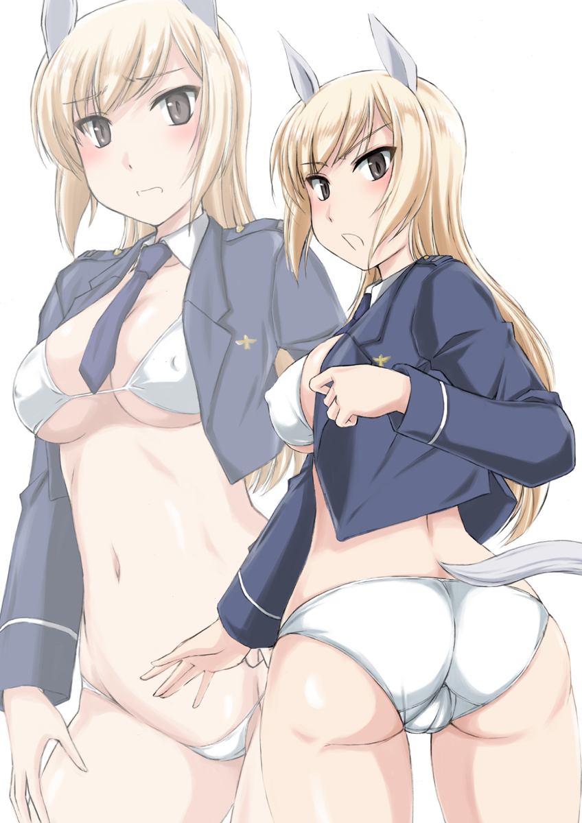 animal_ears ass bikini bikini_under_clothes black_eyes blonde_hair blue_neckwear breasts cameltoe commentary_request covered_nipples cowboy_shot crop_top eyebrows_visible_through_hair highres long_hair long_sleeves marian_e_carl medium_breasts navel necktie no_pants simple_background strike_witches swimsuit tail wan'yan_aguda white_background white_bikini world_witches_series