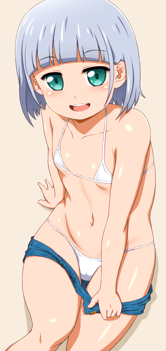 :d anime_coloring arm_support bangs bikini bikini_under_clothes blue_shorts capitan_(tsyoujo) collarbone commentary_request eyebrows_visible_through_hair flat_chest green_eyes highres micro_bikini navel open_mouth original pulled_by_self shadow shiny shiny_skin short_hair short_shorts shorts shorts_pull silver_hair simple_background sitting smile solo swimsuit upper_teeth white_bikini