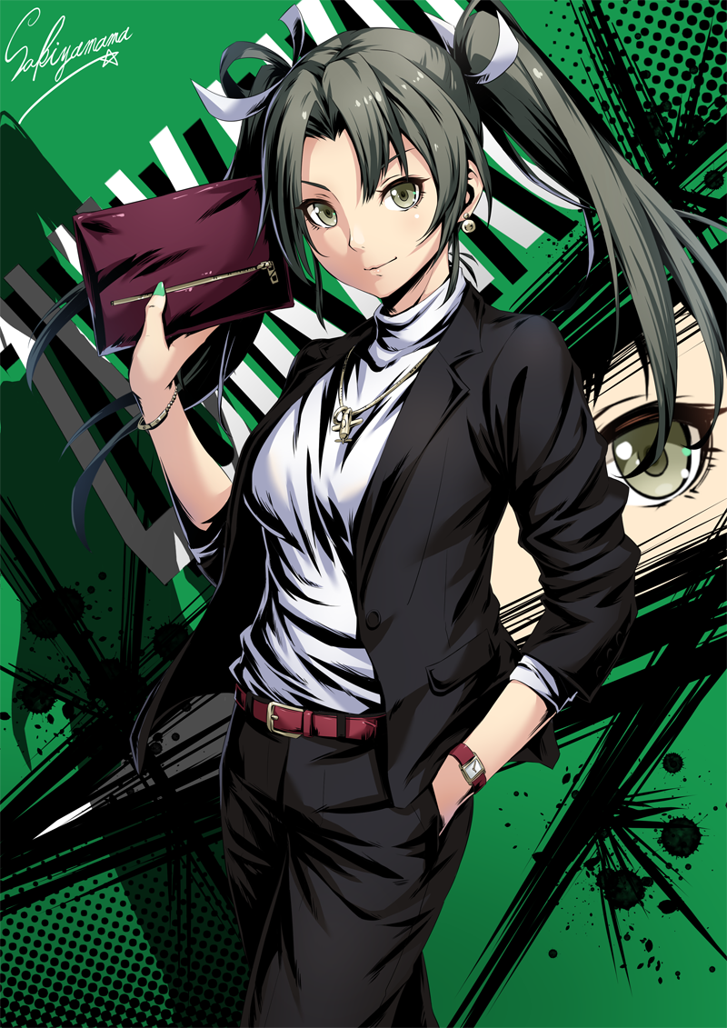 alternate_costume bag belt black_jacket black_pants blouse bracelet breasts brown_belt closed_mouth commentary_request earrings fingernails green_background green_eyes green_nails grey_hair hair_tie handbag jacket jewelry kantai_collection long_hair looking_at_viewer medium_breasts nail_polish pants sakiyamama smile solo twintails twitter_username watch white_blouse wristwatch zuikaku_(kantai_collection)