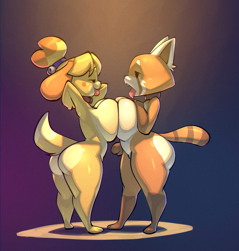 aggretsuko ailurid animal_crossing anthro bigdad biped breast_squish breasts canid canine canis domestic_dog duo female female/female fur isabelle_(animal_crossing) mammal nintendo nude open_mouth orange_body orange_fur red_panda retsuko sanrio side_view squish tongue tongue_out yellow_body yellow_fur