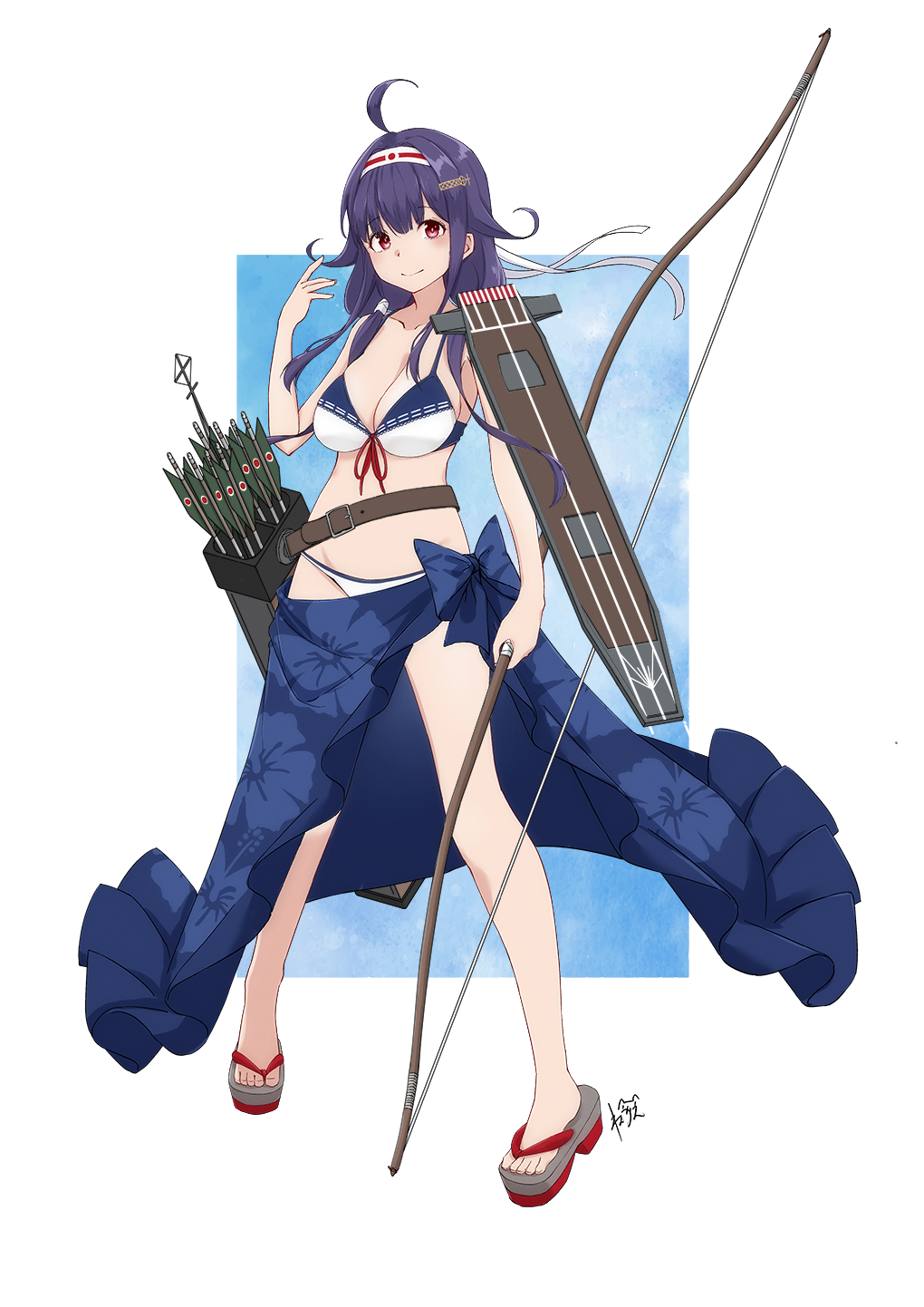 1girl ahoge arrow_(projectile) bikini blue_sarong bow_(weapon) breasts flight_deck front-tie_bikini_top front-tie_top full_body hairband highres holding holding_bow_(weapon) holding_weapon kantai_collection large_breasts long_hair low_twintails navel neve_(morris-minicooper) purple_hair quiver red_eyes rigging ryuuhou_(kancolle) sarong smile solo swimsuit taigei_(kancolle) twintails weapon white_bikini yumi_(bow)