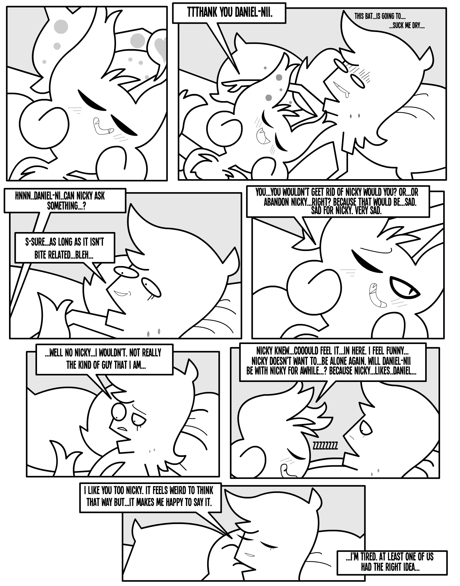 &lt;3 ambiguous_gender anthro bat bed bite_mark blush blush_lines bodily_fluids border bubble chest_tuft comic daniel_toke dialogue drooling duo english_text eyes_closed fangs furniture greyscale happy hi_res human inside looking_at_another lying male male/ambiguous mammal monochrome narrowed_eyes nicky_(abfmh) on_back on_bed one_eye_closed open_mouth pillow pupils saliva shane_frost slit_pupils smile sound_effects speech_bubble teeth text tired tuft vowelless vowelless_sound_effect white_border