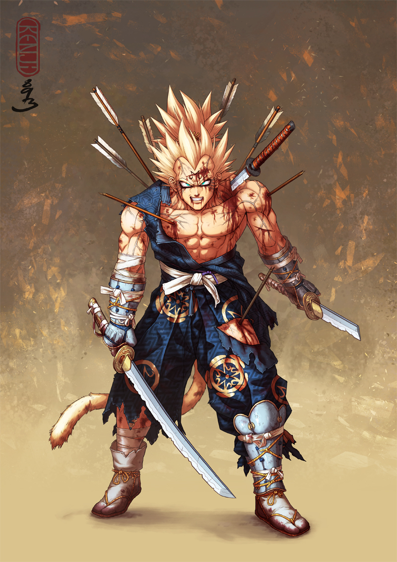 1boy abs alternate_costume armor arrow_in_body artist_name bandaged_arm bandaged_leg bandages blonde_hair blood blood_from_mouth blood_on_face blue_pants blue_shirt broken broken_arrow broken_sword broken_weapon chipped_sword dragon_ball dragon_ball_z evil_smile furrowed_brow green_eyes guillem_dauden holding holding_sword holding_weapon injury japanese_armor japanese_clothes kote majin_vegeta male_focus monkey_tail pants pectorals samurai sash shirt simple_background smile solo spiked_hair stab suneate super_saiyan super_saiyan_2 sword tabi tail topknot torn_clothes torn_pants torn_shirt vegeta veins waraji weapon widow's_peak