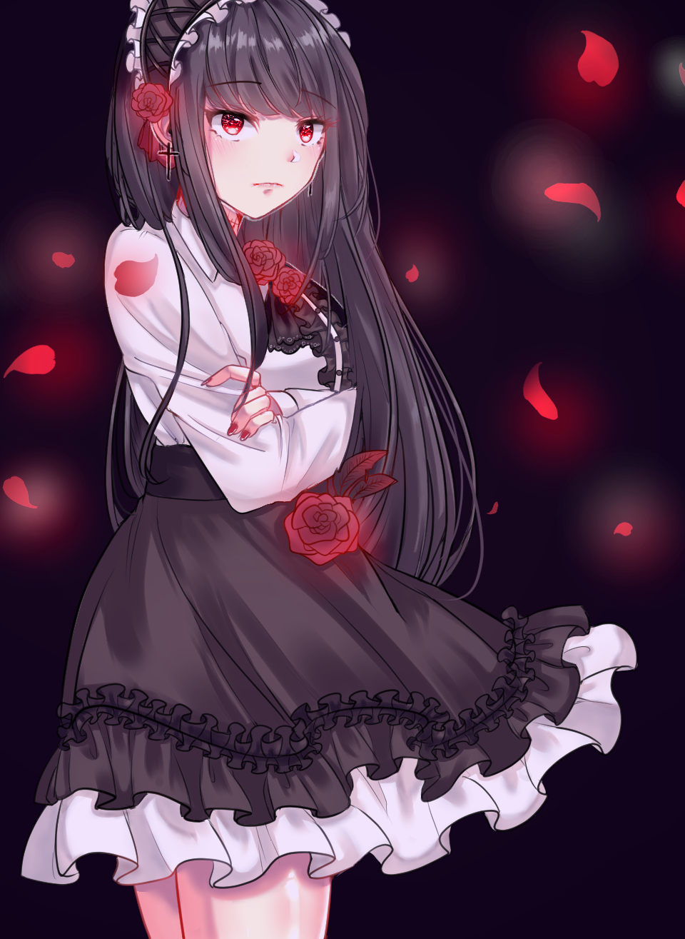 black_background black_hairband black_skirt blurry blurry_background center_frills cross cross_earrings crossed_arms earrings flower frills hair_flower hair_ornament hairband highres jewelry long_hair looking_at_viewer original petals red_eyes red_flower ronpu_cooing shirt skirt solo standing very_long_hair white_shirt