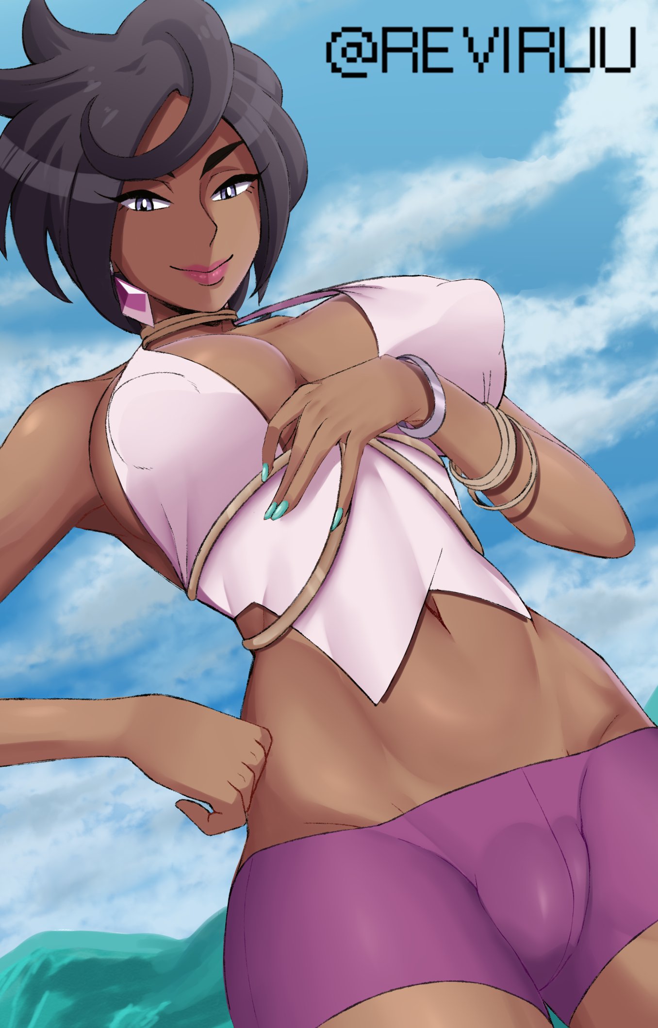 1girl alternate_breast_size aqua_nails artist_name black_hair blue_sky bracelet breasts bright_pupils cameltoe cleavage cloud cloudy_sky covered_nipples crop_top dark-skinned_female dark_skin day diamond_(shape) earrings grey_eyes hand_on_own_hip highres jewelry large_breasts lips looking_at_viewer midriff nail_polish navel necklace olivia_(pokemon) outdoors pink_gemstone pink_lips pink_shirt pokemon pokemon_sm purple_shorts reviruu shirt short_hair short_shorts shorts sky sleeveless sleeveless_shirt solo swept_bangs