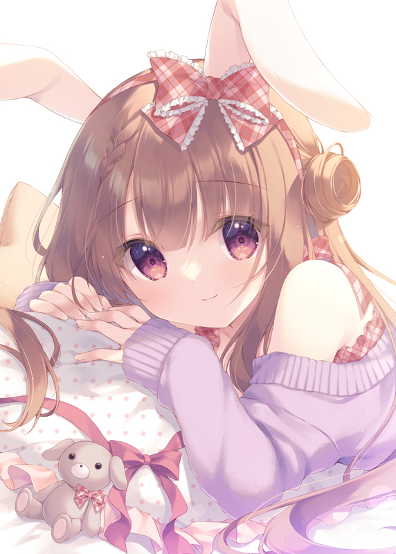 1girl animal_ears bare_shoulders bow braid brown_hair closed_mouth comiket_103 frilled_bow frilled_pillow frills hair_between_eyes hair_bow hair_bun hairband long_hair long_sleeves looking_at_viewer lying off_shoulder on_stomach original pillow plaid plaid_bow plaid_hairband puffy_long_sleeves puffy_sleeves purple_sweater rabbit_ears red_bow red_eyes red_hairband simple_background single_side_bun sleeves_past_wrists smile solo stuffed_animal stuffed_rabbit stuffed_toy sweater upper_body white_background yukie_(peach_candy)