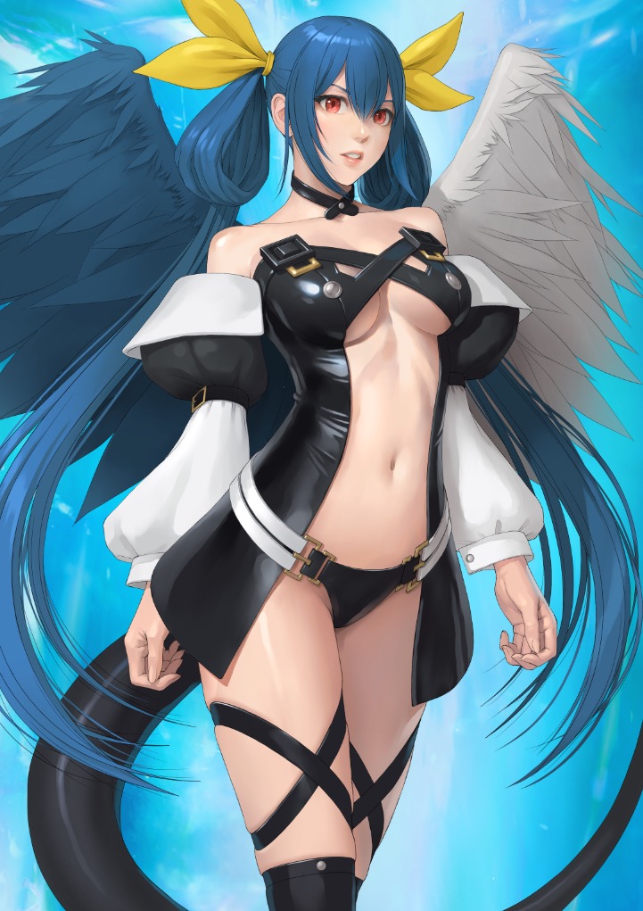 1girl angel_wings asymmetrical_wings bare_shoulders belt black_choker black_panties blue_hair breasts center_opening choker cleavage commission detached_sleeves dizzy_(guilty_gear) guilty_gear guilty_gear_x guilty_gear_xx hair_between_eyes hair_rings large_breasts lips long_hair long_sleeves navel panties parted_lips puffy_short_sleeves puffy_sleeves short_sleeves skeb_commission skindentation solo thigh_strap thighhighs twintails underboob underwear very_long_hair watanabe_yasuaki wide_sleeves wings